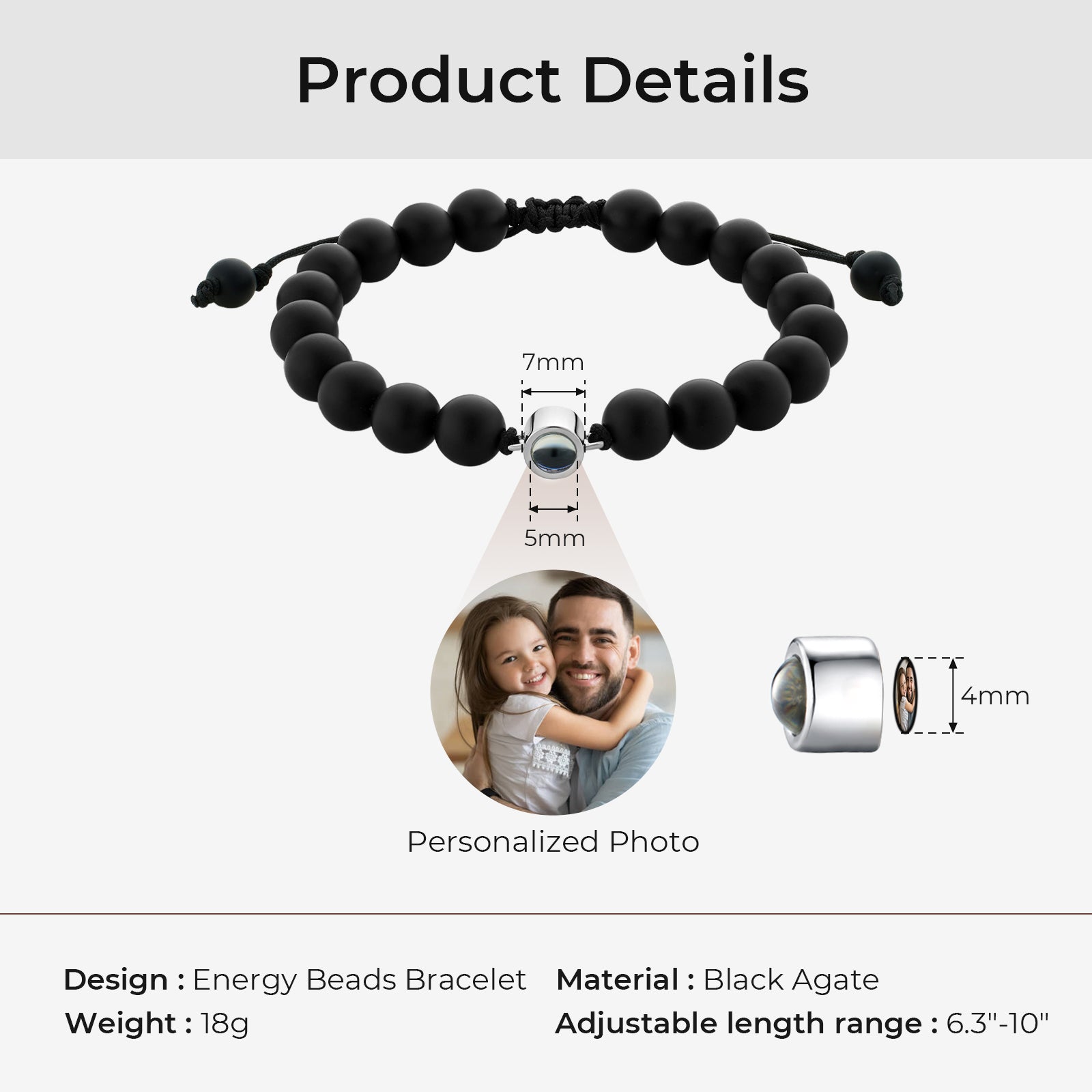 Personalized Black Beads Photo Projection Bracelet