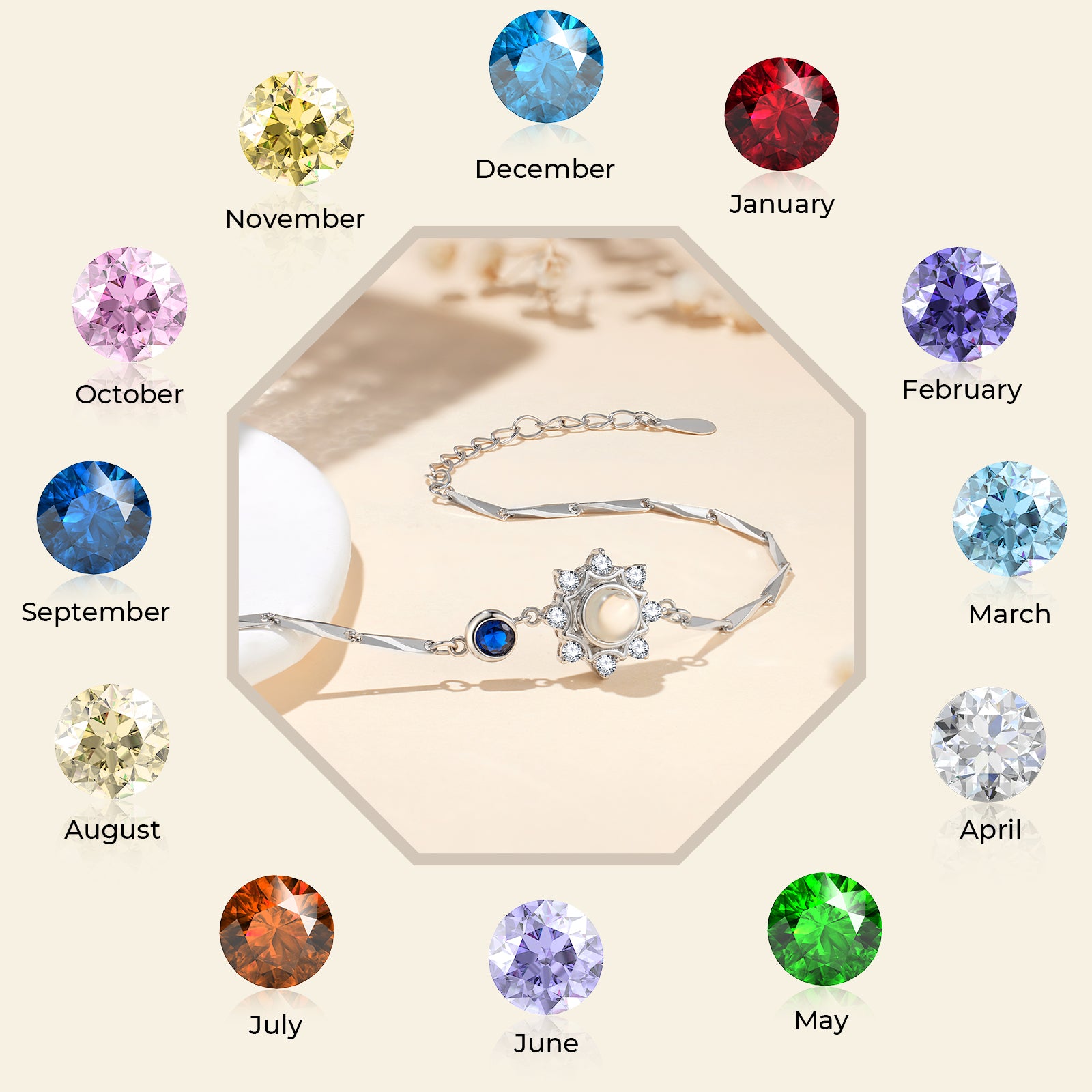 Personalized 925 Silver Birthstone Photo Bracelet